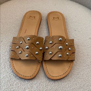 Marc Fisher Tan Suede Slide Sandals with Silver Studs